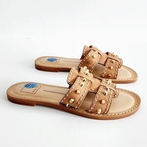 Dolce Vita Welsa Tan & Gold Studded Leather Sandals Flats Women's Size 6.5